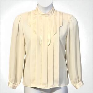 Vintage 80s Lloyd Williams Ivory Blouse 12 Petite Satin Tuxedo Pintuck Secretary